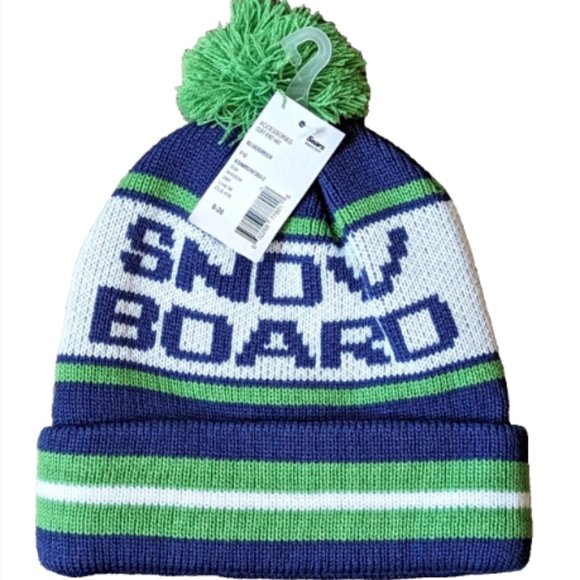 NWT Sears One Size Snowboard Beanie Hat Green Blue with Pom Pom Adult/Ki… - Picture 1 of 5